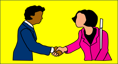 Artwork of two people shaking hands, the person on the right holds a white cane.