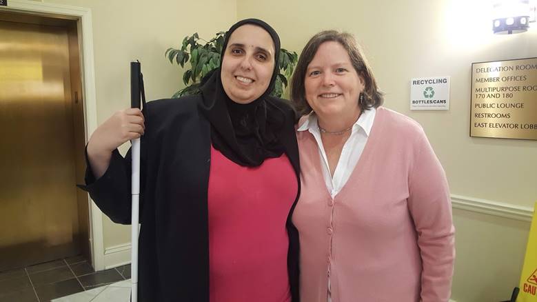 NFBMD President Ronza Othman with Delegate Cathi Forbes in Annapolis advocating to modernize the name of our Library so it becomes the Maryland Library for the Blind and Print Disabled
